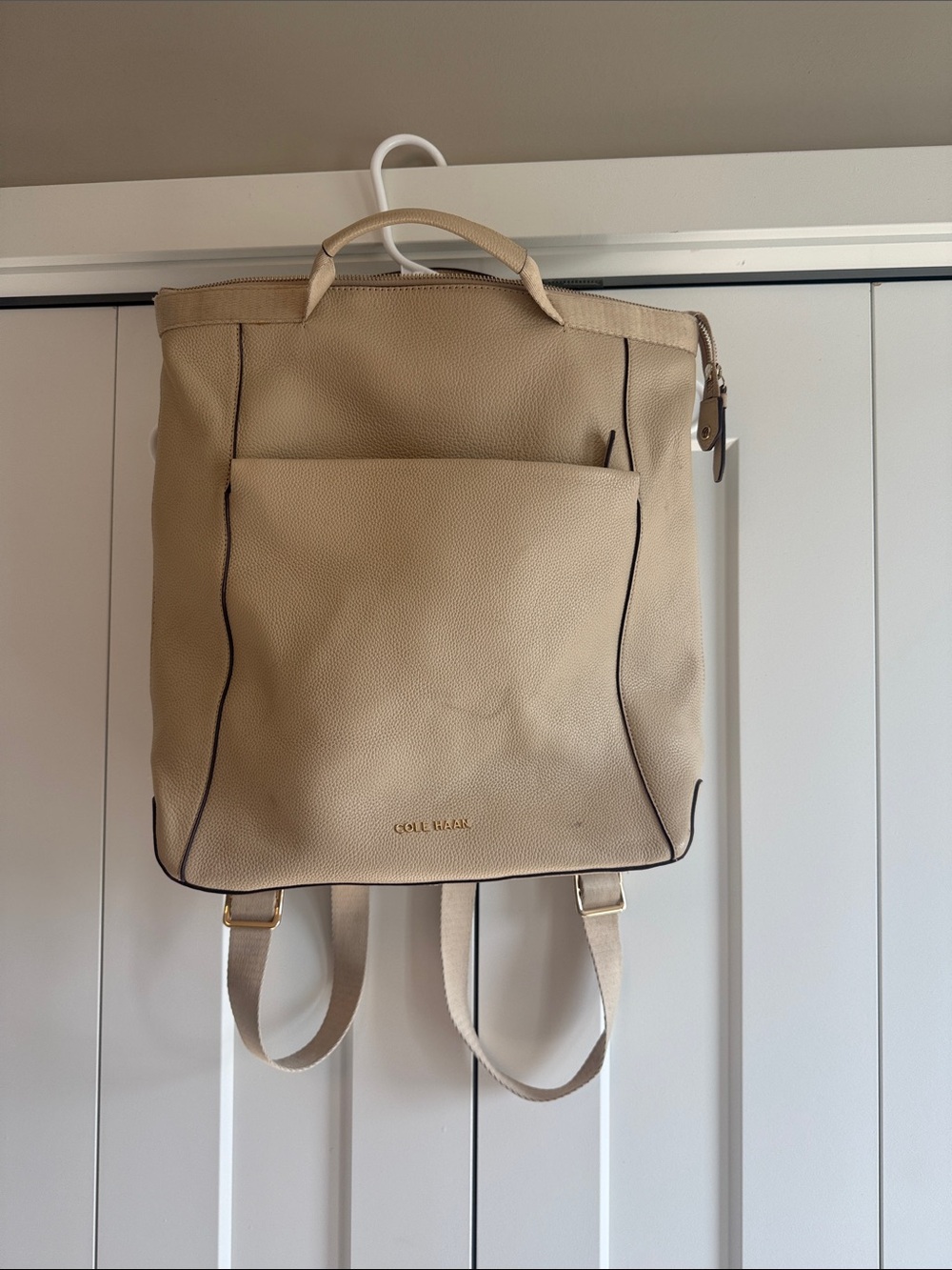 Cole Haan Cream Pebbled Leather Laptop Backpack with Dark Trim